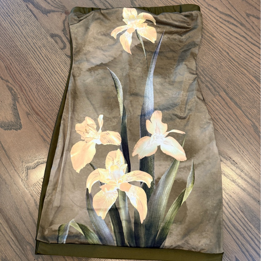 Fashion Nova Floral Strapless Dress - Olive and Yellow